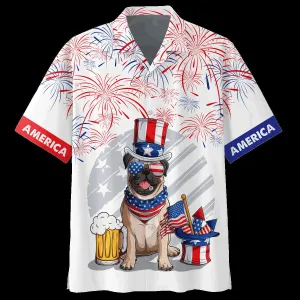 3D Full Print Independence's Day Hawaiian Shirt, Pug And Beer Hawaii Summer Beach Shirt, 4Th Of Jul Hawaii Dog Shirt