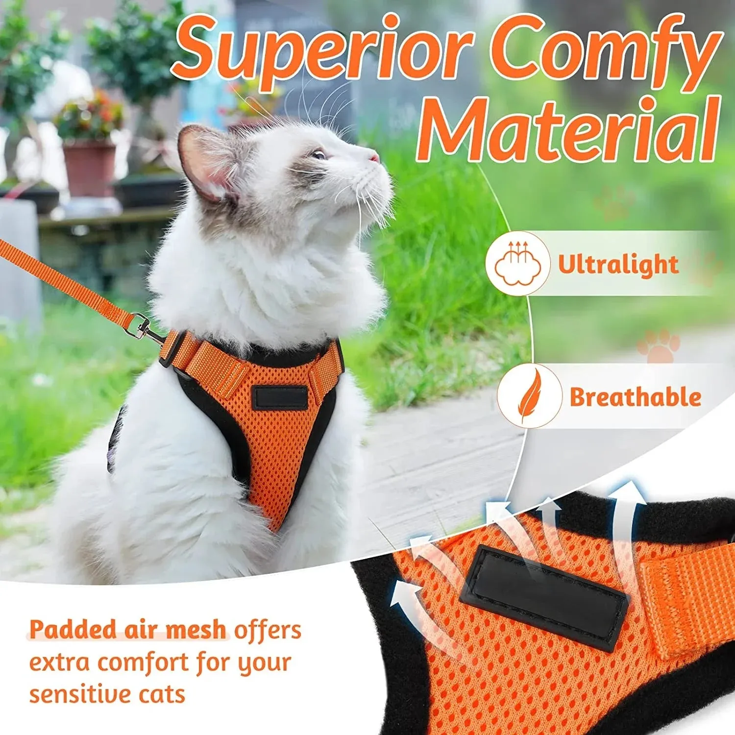 ATUBAN Adjustable Cat Harness and Leash – Escape Proof Soft Vest with Breathable Reflective Strips