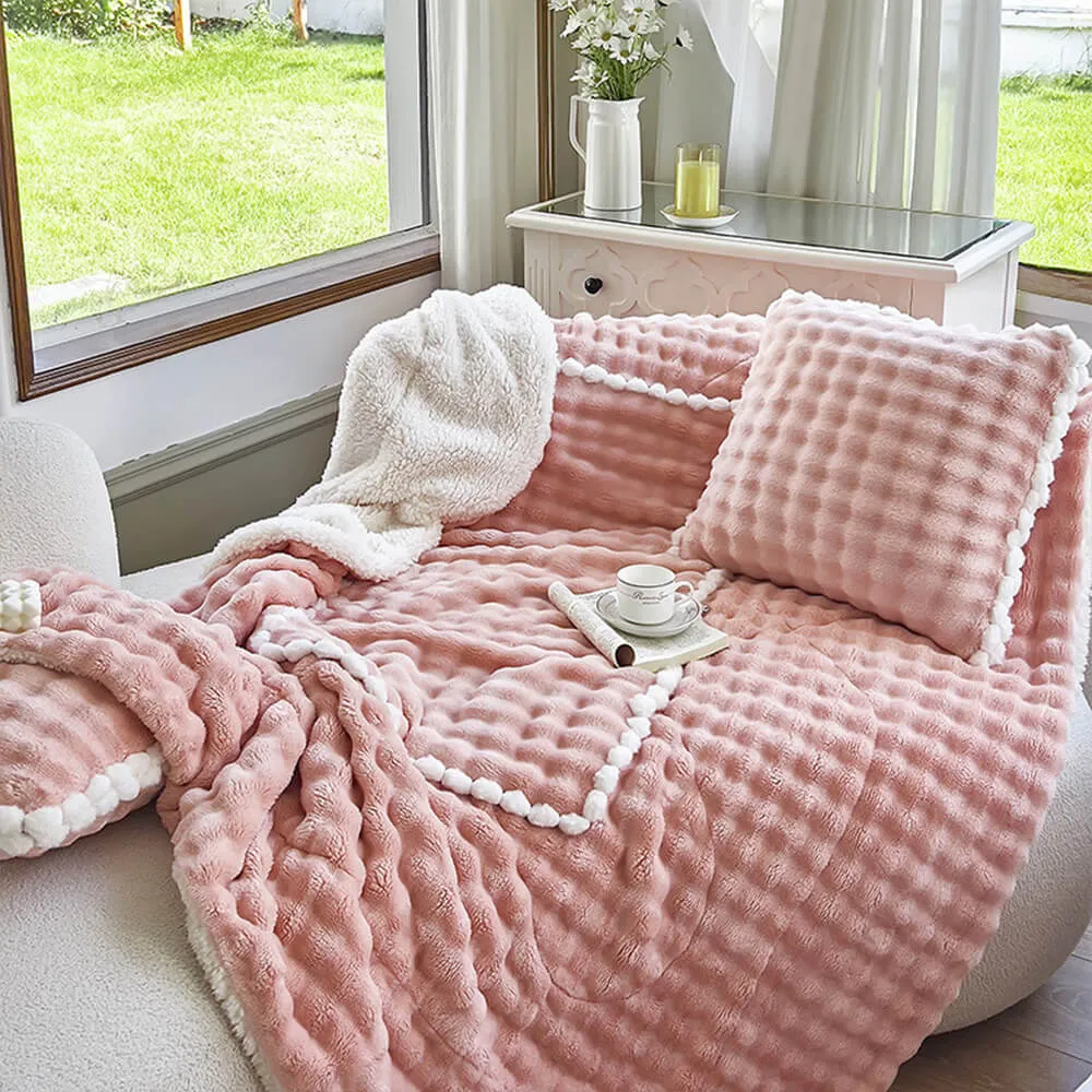 Bubble Faux Rabbit Fur Foldable Cushion Pillow 2-in-1 Nap Throw Blanket
