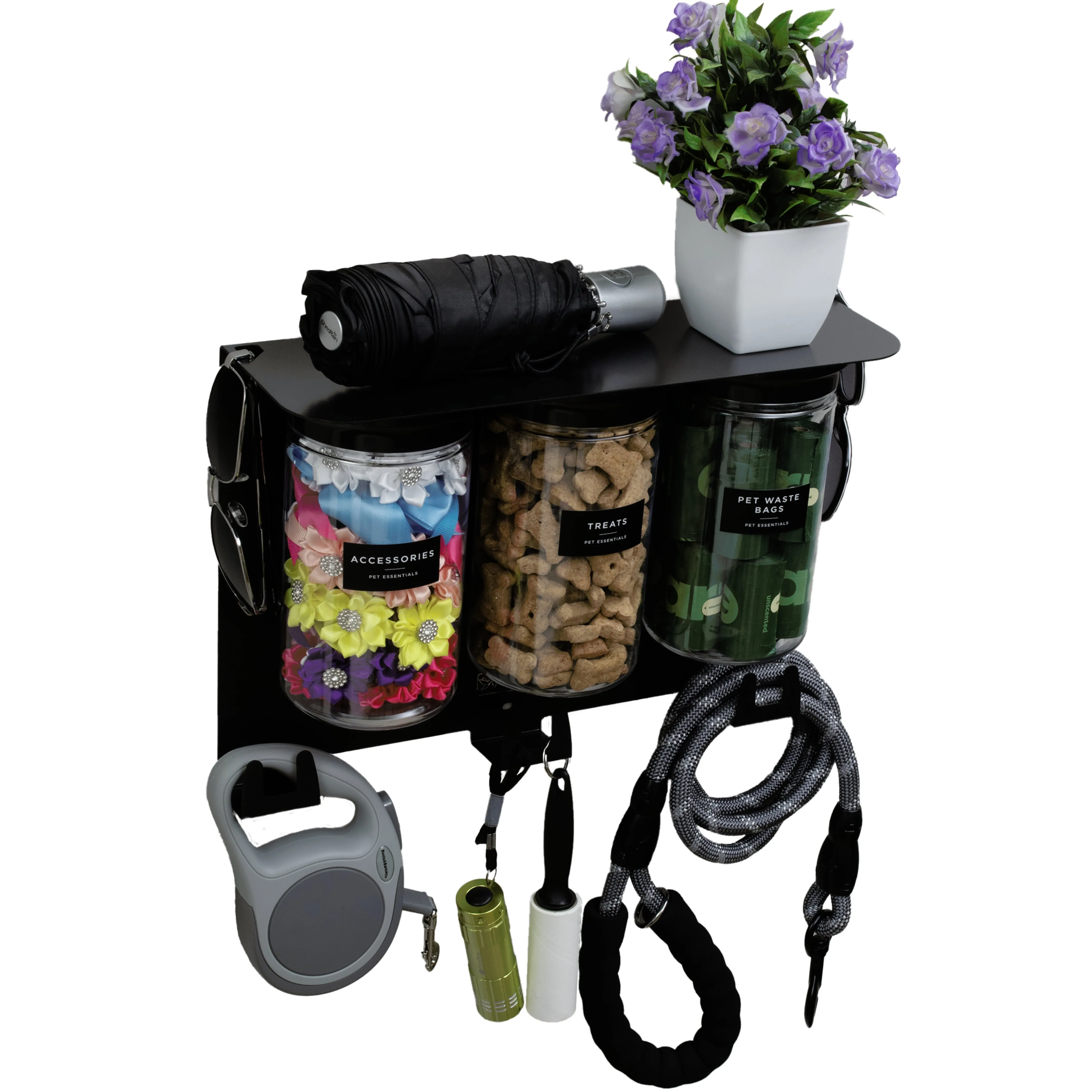 Dog Leash Holder for Wall, Dog Storage with 13.5” Dog Shelf, 3 Large Airtight Dog Treat Containers, Dog Storage, Dog Accessories