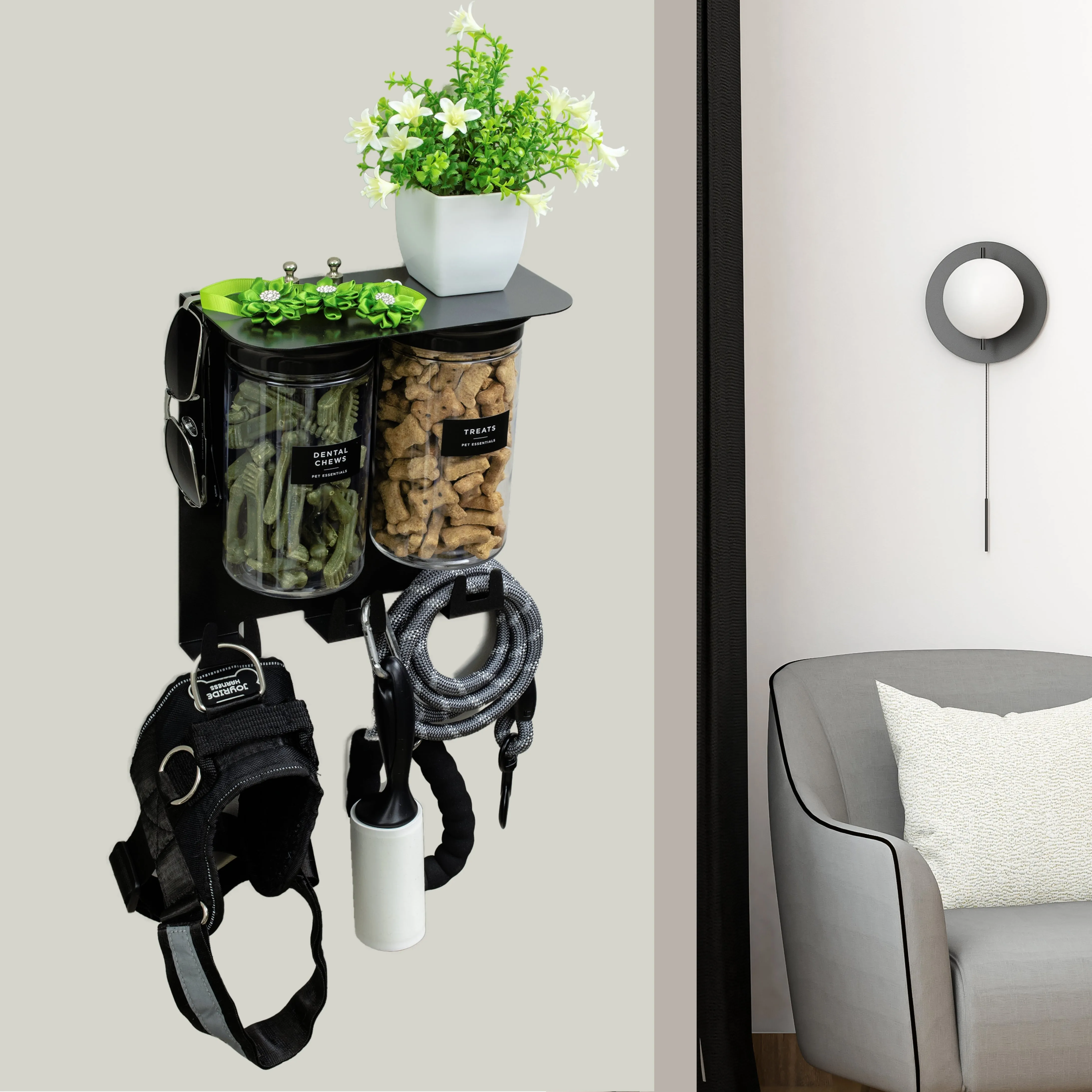 Dog Leash Holder for Wall, Dog Storage with 9" Shelf, Deep Hooks and 2 Large Airtight Dog Treat Containers