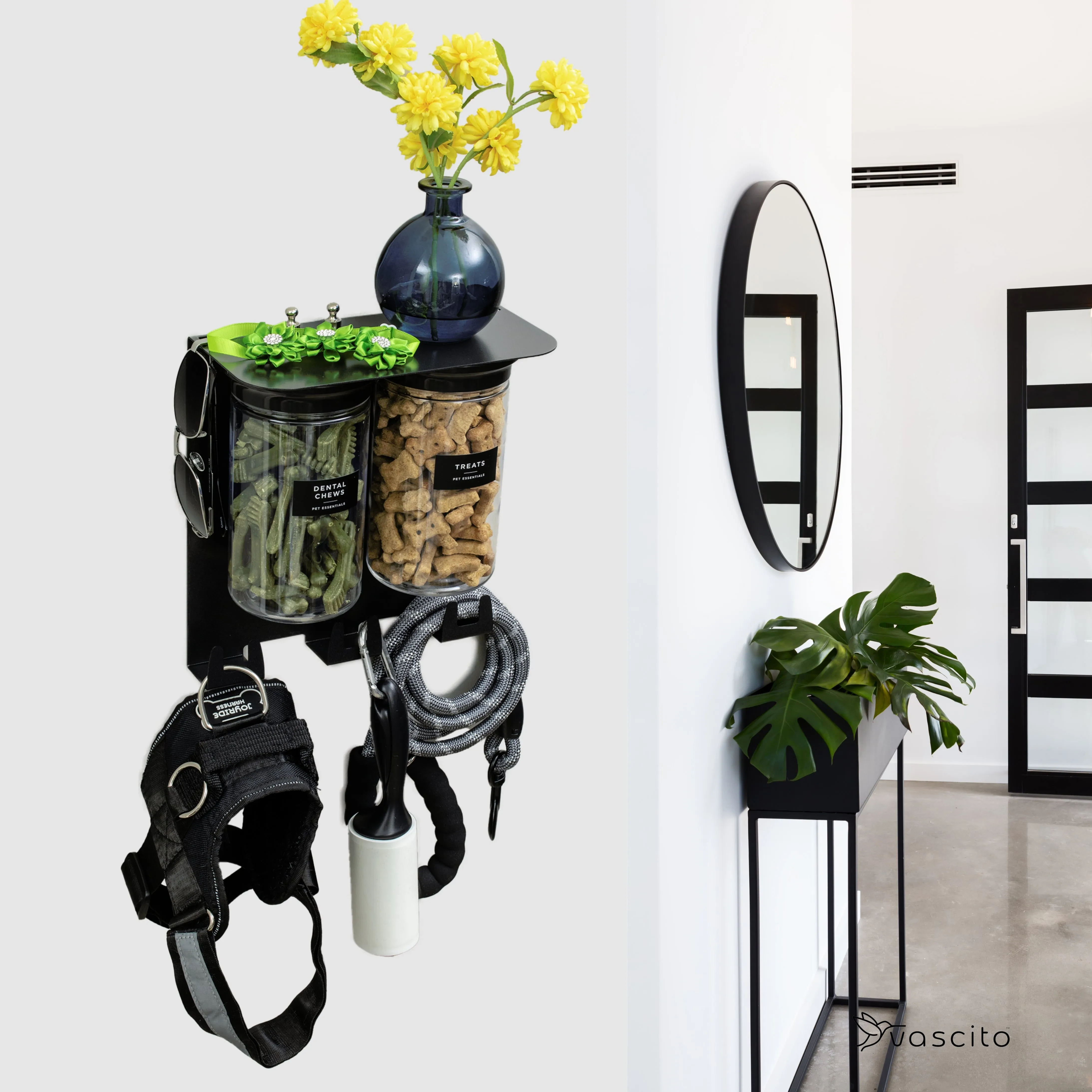 Dog Leash Holder for Wall, Dog Storage with 9" Shelf, Deep Hooks and 2 Large Airtight Dog Treat Containers