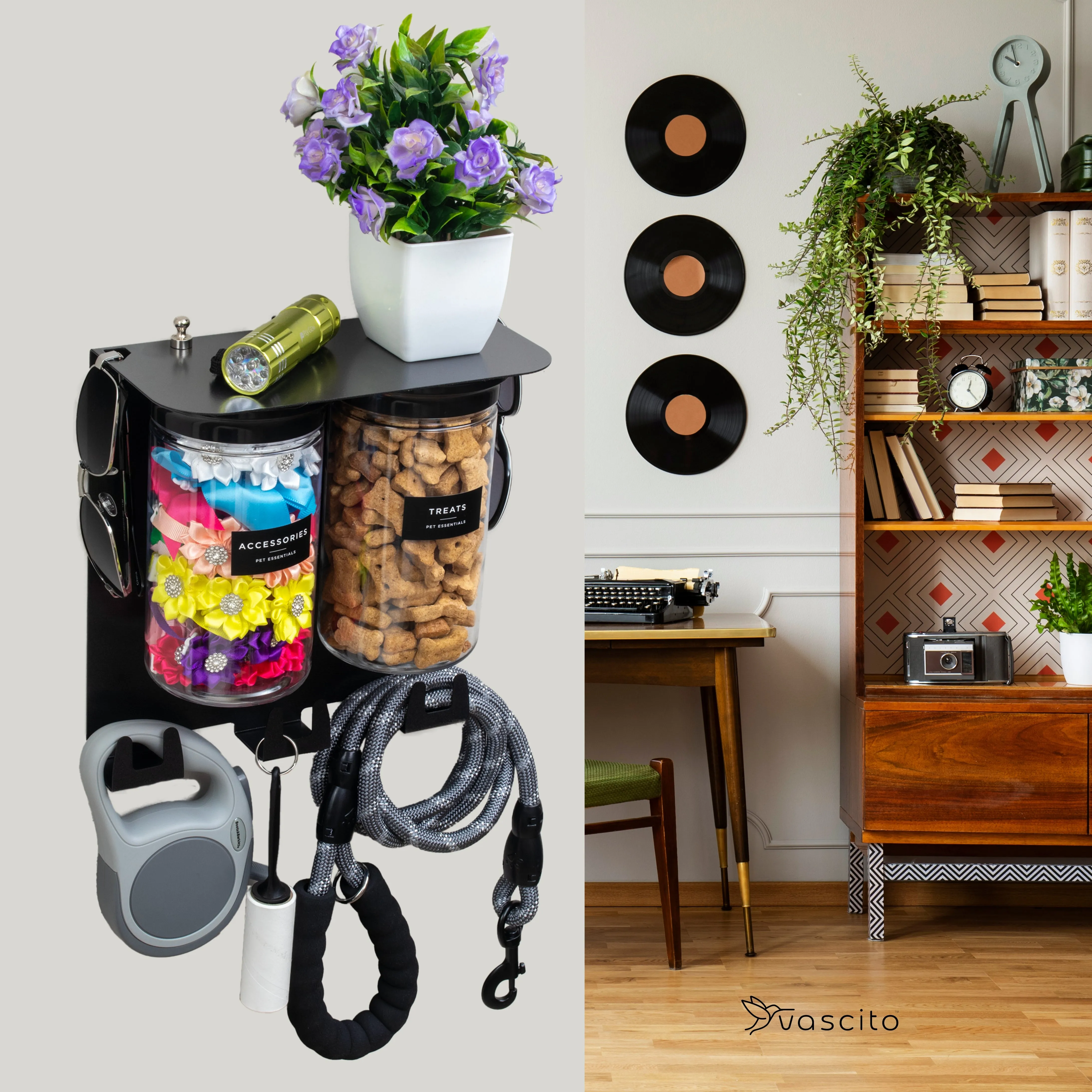 Dog Leash Holder for Wall, Dog Storage with 9" Shelf, Deep Hooks and 2 Large Airtight Dog Treat Containers