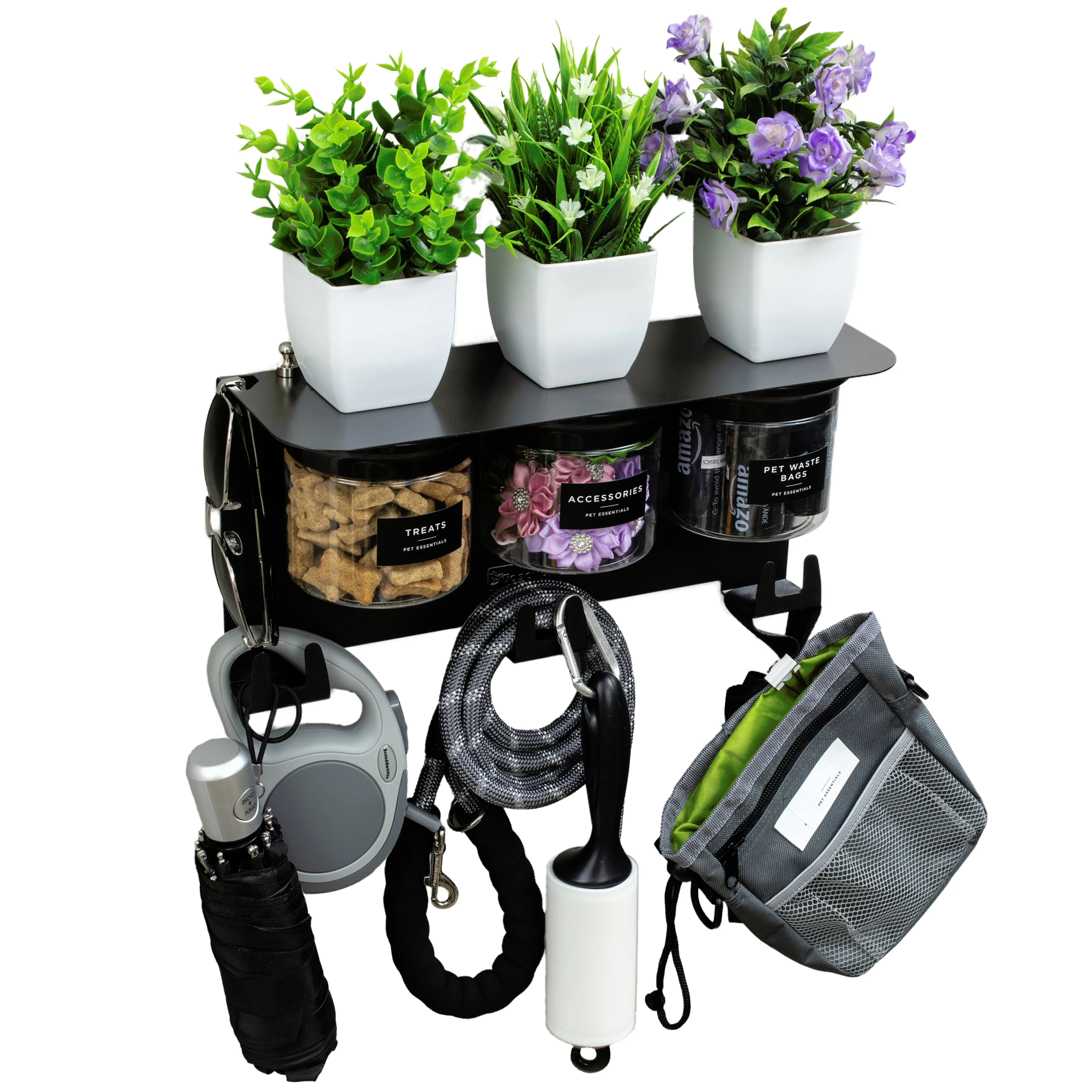 Dog Leash Holder for Wall with Dog Storage Organizer, 13.5" Wide Shelf and 3 Small Dog Treat Jars, Modern Black