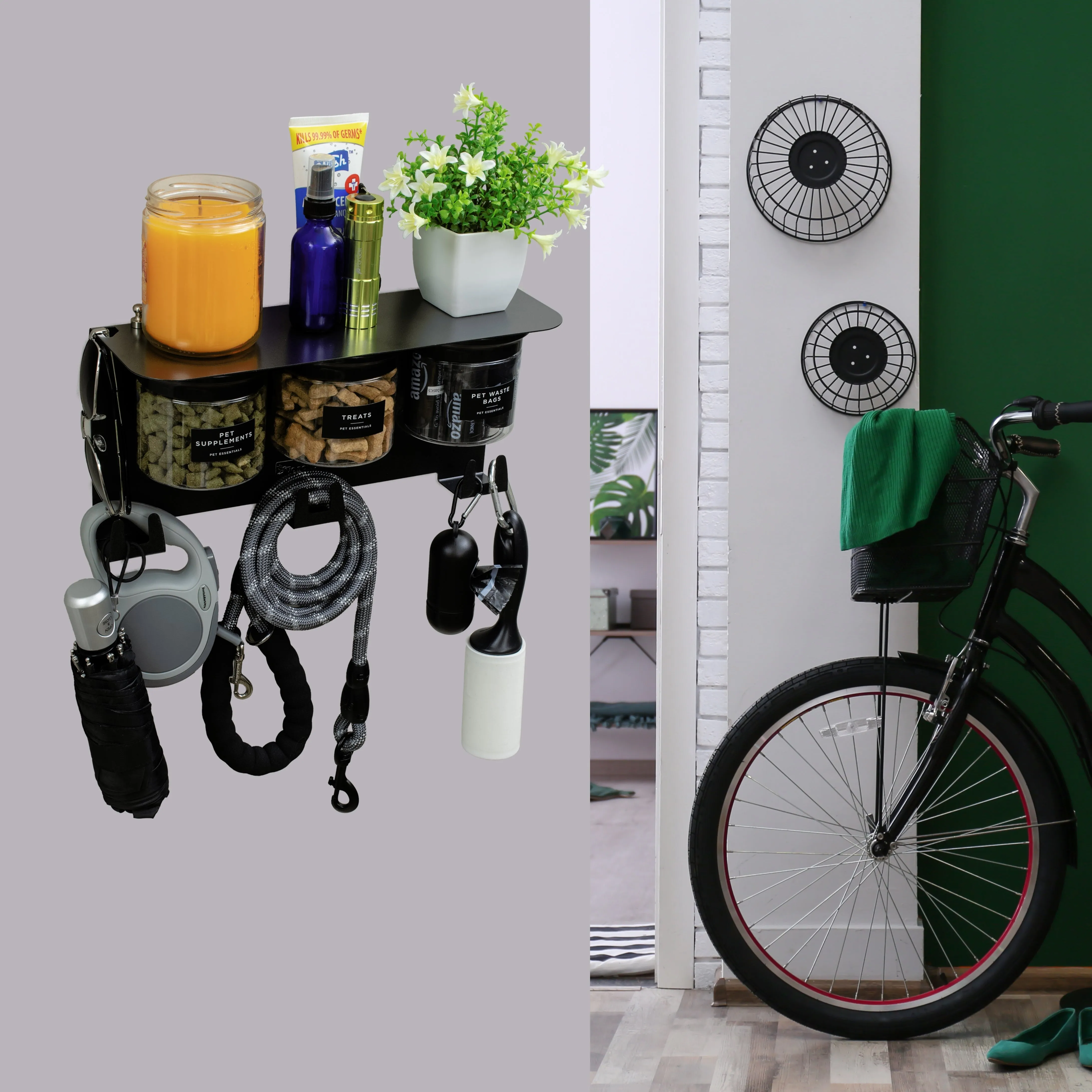 Dog Leash Holder for Wall with Dog Storage Organizer, 13.5" Wide Shelf and 3 Small Dog Treat Jars, Modern Black
