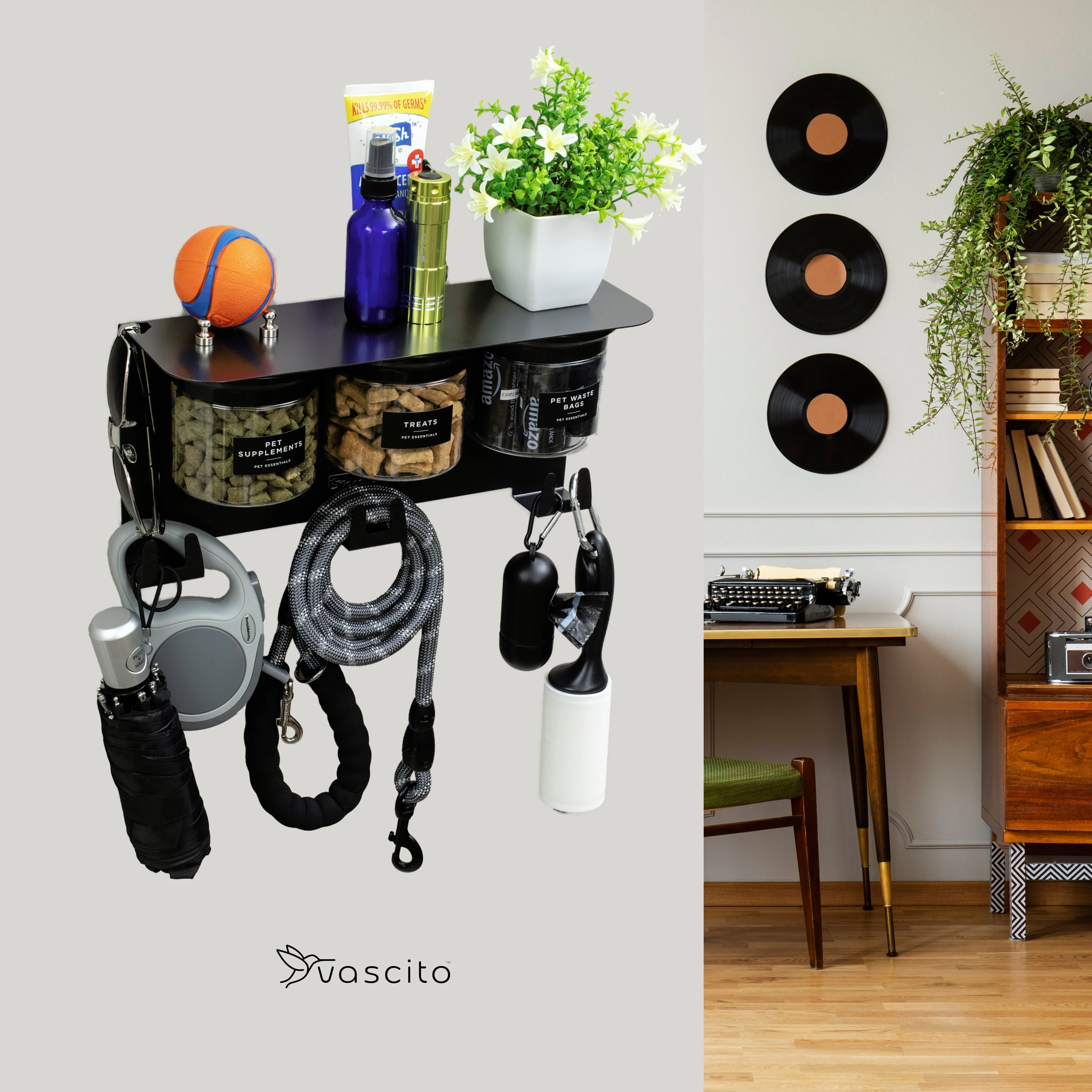 Dog Leash Holder for Wall with Dog Storage Organizer, 13.5" Wide Shelf and 3 Small Dog Treat Jars, Modern Black