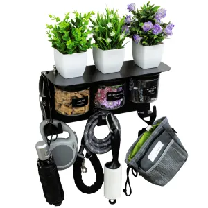 Dog Leash Holder for Wall with Dog Storage Organizer, 13.5" Wide Shelf and 3 Small Dog Treat Jars, Modern Black